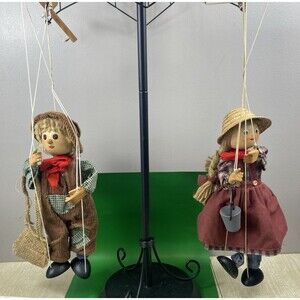 2 VTG Folk Art Hand Crafted Wooden String Puppet Marionette - RARE